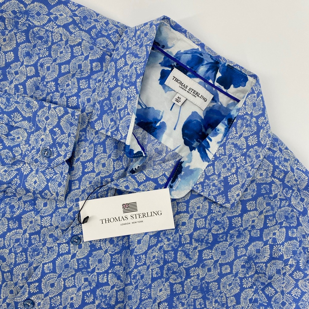 NEW Thomas Sterling Dress Shirt Men Extra Large Blue Tribal Geo Floral Flip Cuff